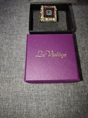 La Vintage Purple and Gold Statement Ring with Blue Centerstone